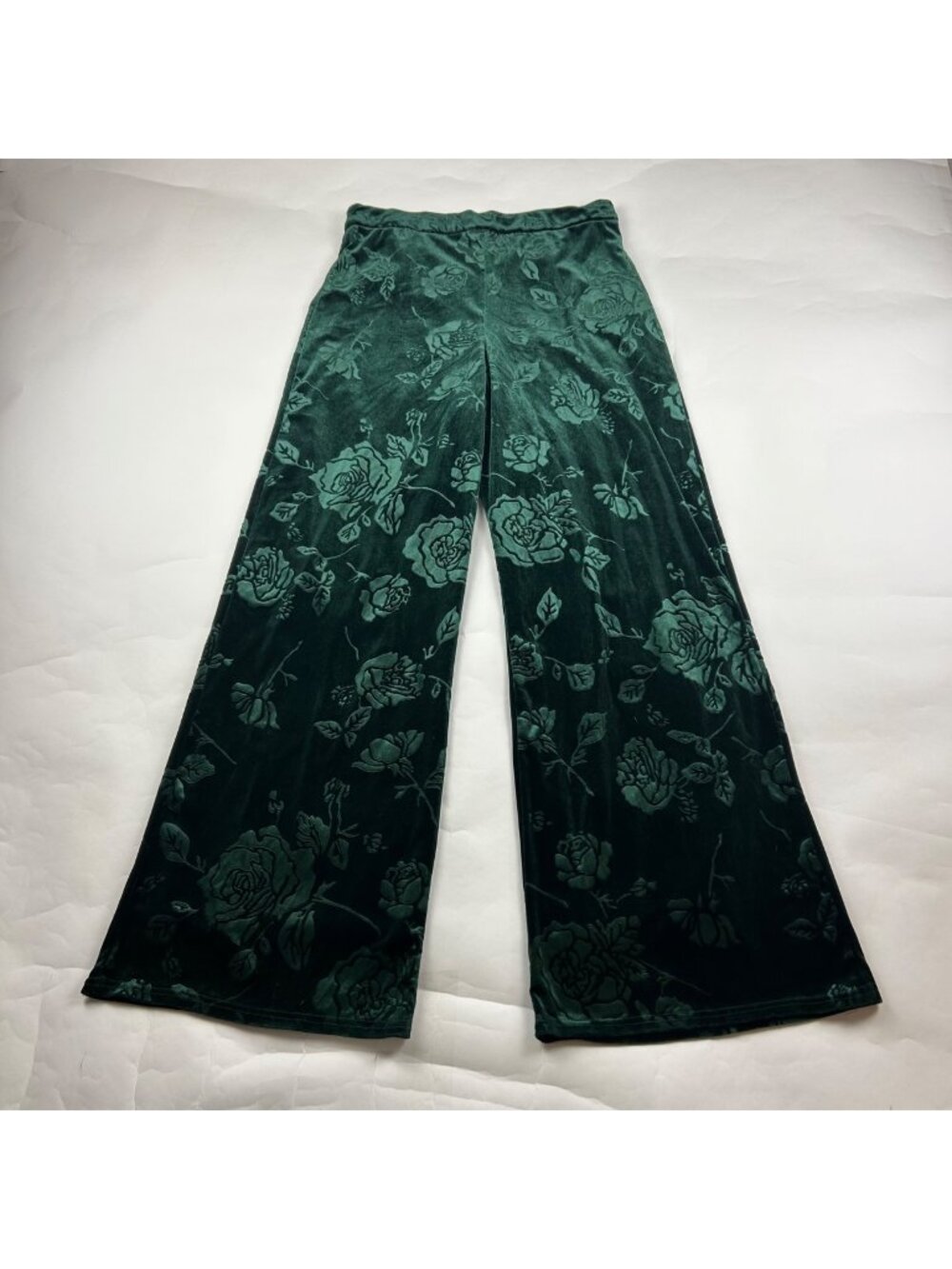 Lulus Dark Green Stretch Velvet Floral Embossed Wide Leg Trouser M